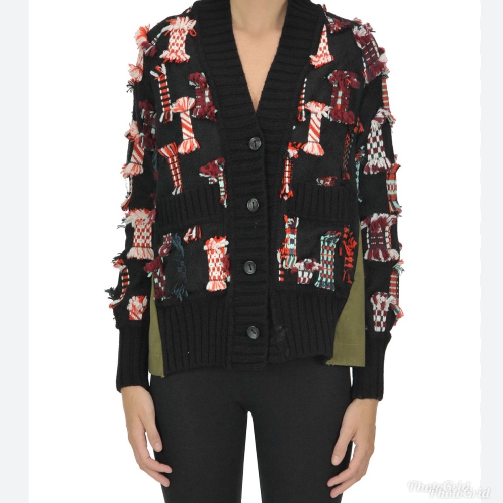 Sea New York green black multicolored woolblend textured fringe patch cardigan